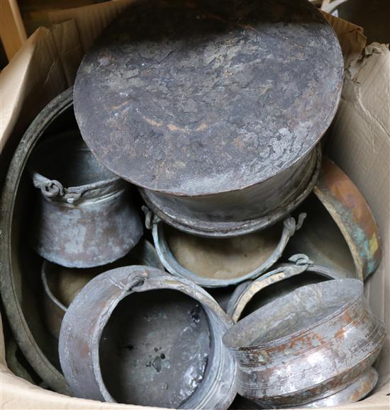 A collection of assorted Eastern copper pans and two brass pails